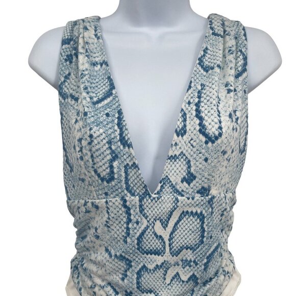 NEW Blue Blush Snakeskin Snake Python Print Plunging V-Neck Bodysuit Sleeveless - Picture 5 of 8